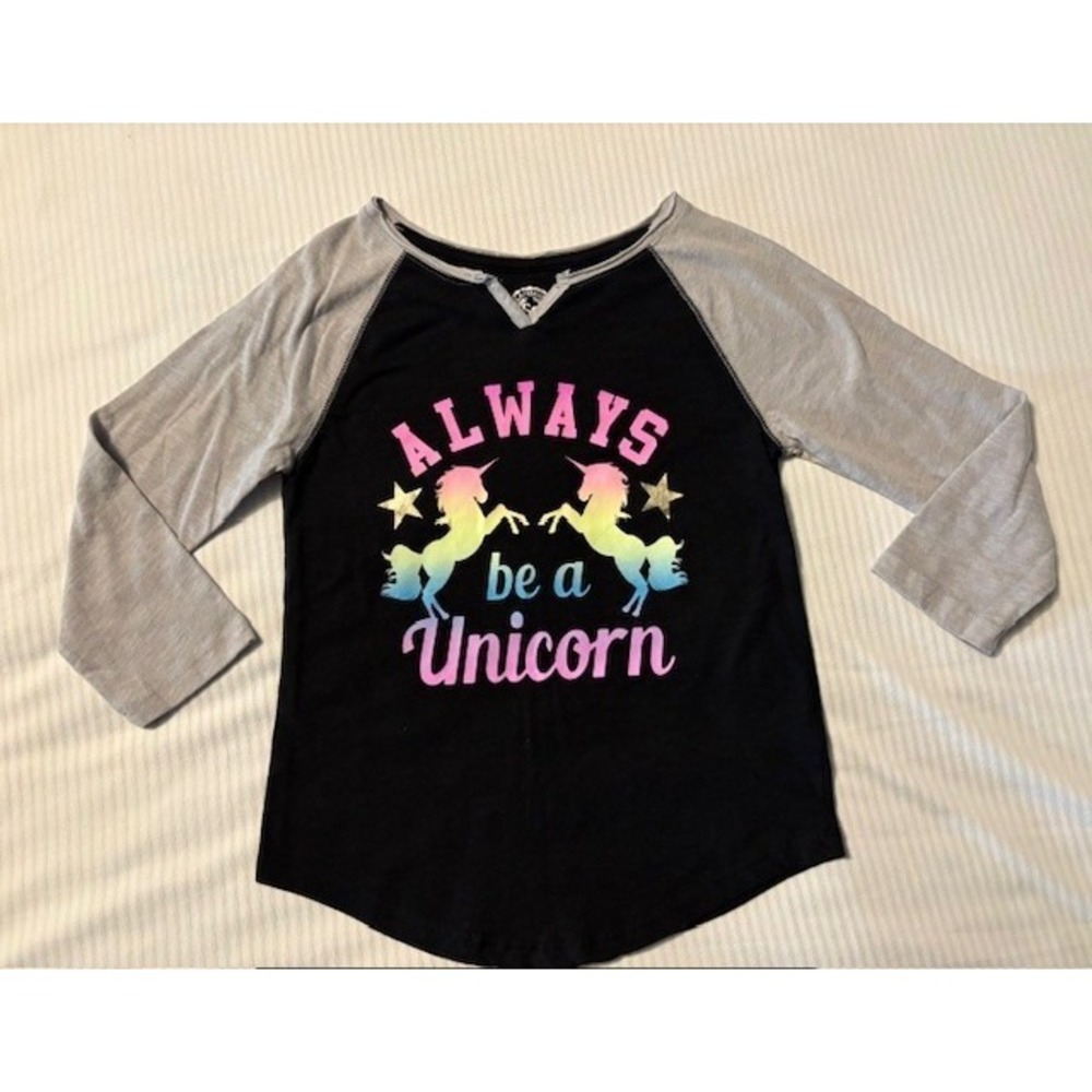 SO brand 3/4 sleeve jersey tee, always be a unicorn graphic, girls size 10